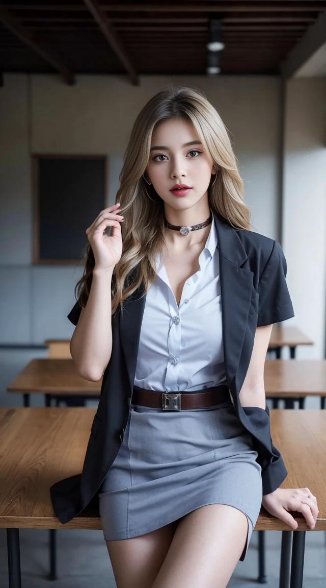 (8K,high resolution,Masterpiece, best quality, alone, complicated details, Chromatic aberration), realistic, ((Moderate breath)), hair in one eye,purple eyes, round hoop earrings, sharp eyes, Diamond-encrusted choker, (symmetrical eyes),(Perfect symmetrical body),Photo of a beautiful 21 year old teenage girl,(fit the body), ,Beautiful and charming with contemporary fashion paintings as well...., looking at the audience, ((In the background of a large classroom)), (black short skirt), ((The young woman wore a form-fitting white short-sleeved shirt., Unbuttoning the buttons, Revealing a little breast..)), ((A short black pencil skirt with a deep slit on the side..)), belt, ((Put your hands down.)),Blonde hair, Bob, long hair, Lateral smoothness,,copper blonde hair, sit, sharp eyeliner, Eye shadow blush with thick eyelashes, Very delicate and beautiful, round chin, Sharp focus, elegant,sitบนโต๊ะเรียน ยกขาข้างหนึ่งขึ้นให้อยู่ในระดับสายตา, The legs are slightly separated..,dynamic gesture,((Top the shirt with a crisp blue lab coat that doesn&#39;t reach your hips.))
