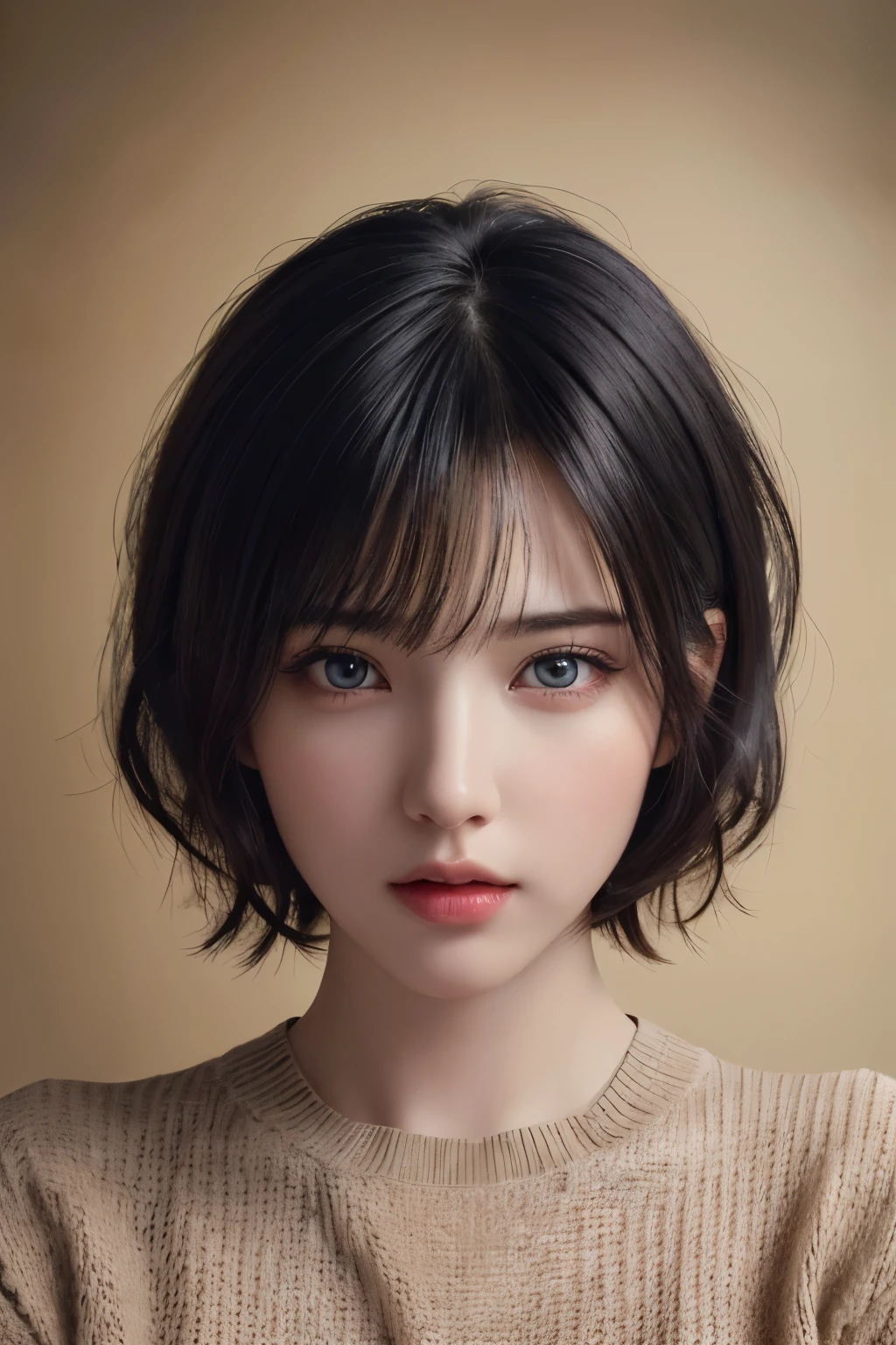 (masterpiece:1.3), (8k, photorealistic, RAW photo, best quality: 1.4), (1girl), beautiful face, (realistic face), (black hair, short hair:1.3), beautiful hairstyle, realistic eyes, beautiful detailed eyes, (realistic skin), beautiful skin, (sweater), absurdres, attractive, ultra high res, ultra realistic, highly detailed, golden ratio