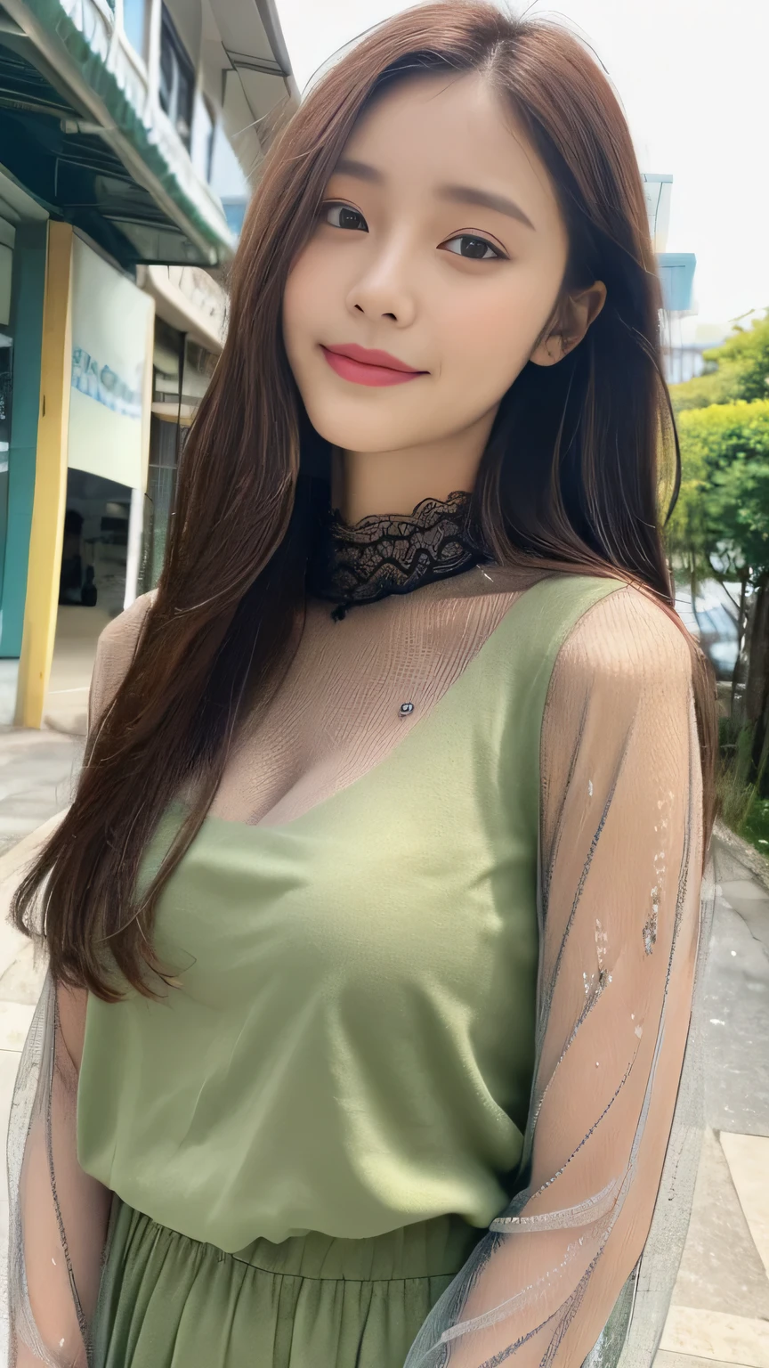 Full body angle、((highest quality, 8K, masterpiece:1.3)), concentrated:1.2, Perfect body beauty:1.4, Hips:1.2, ((Delicate Hair)), (Colorful lettuce cut mock neck see-through top without bra、 :1.1) , ((highest quality、8K、masterpiece:1.3))、1 Girl、A sloppy smile、Esbian all over、Slim face、Big 、Beautiful woman、(Dark Brown Hair)、Long Hair、1.1、Flickering Valley、Detailed eyes、double eyelid、Blurred Background、超Slim face、Looking down、Okinawa、Streetscape、