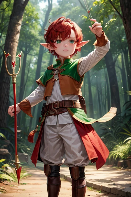 5 year old elf boy with short red hair, peinado desorenado corto con un fleco, pointed elf ears medieval archer clothing green eyes red color holding a brown bow with a jade-tipped arrow brown shoes brown leather belt jade ornaments in forest background with magical symbols