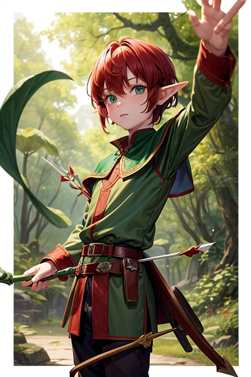 5 year old elf boy with short red hair, peinado desorenado corto con un fleco, pointed elf ears medieval archer clothing green eyes red color holding a brown bow with a jade-tipped arrow brown shoes brown leather belt jade ornaments in forest background with magical symbols
