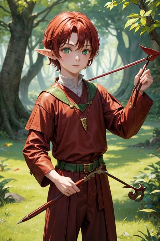 5  elf boy with short red hair, peinado desorenado corto con un fleco, pointed elf ears medieval archer clothing green eyes red color holding a brown bow with a jade-tipped arrow brown shoes brown leather belt jade ornaments in forest background with magical symbols