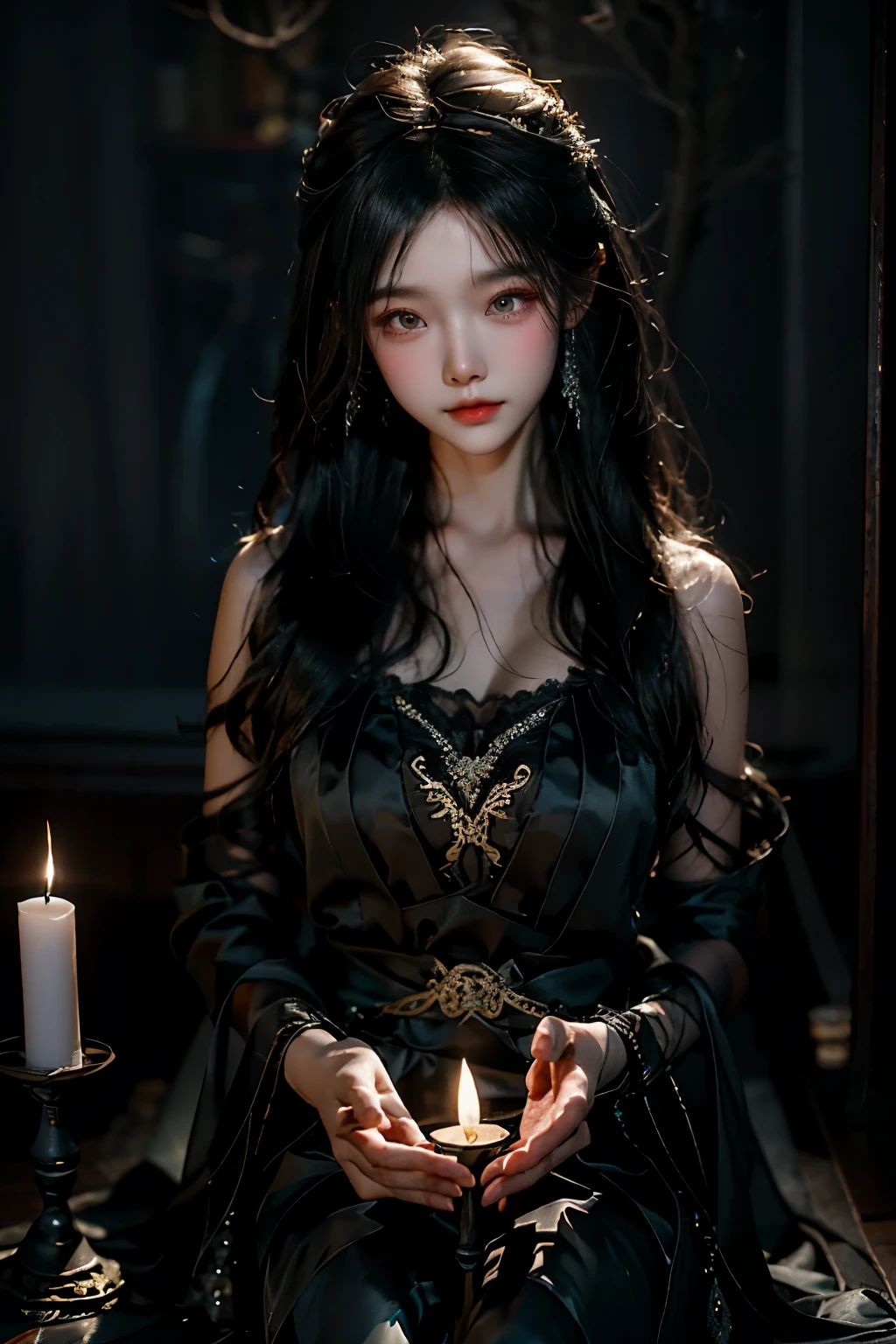 Artistic photograph of yeonhwa dressed a black silk dress in darkness,half of the body obscured by shadows,side light from a burning candle beside her.
looking_at_viewer, light_smile, warm tones,dark background
Monet-style light and shadow effects in oil painting,perfect composition