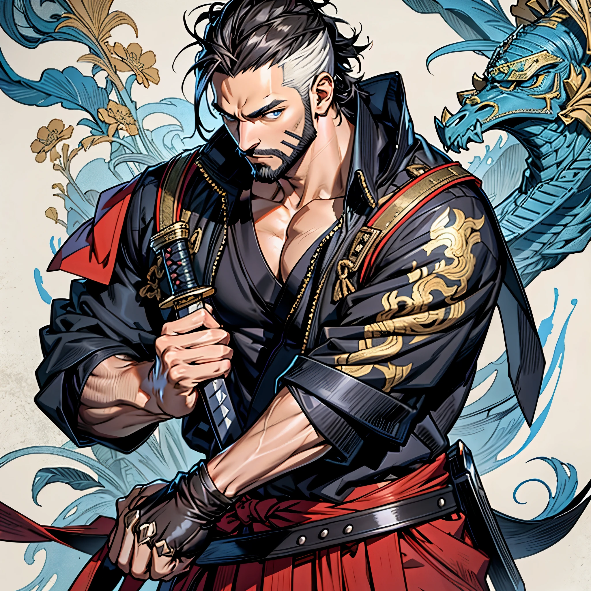 (((1 Samurai))),high quality, Main Part, Japanese Anime, Two-dimensional, beautiful eyes, extremely detailed background, 8k wallpaper, Extremely detailed face, Muscular body, Strong muscles, Bearded man, Hopeful eyes , Bright Eyes, blue eyes, Mature and stable, complicated, White short sleeve,Yui Aragaki Exclusive Art, Detailed anime character art, Pavilion Background,Not 0mib style,Art Yui Aragaki,sword,Double tail,Unexpected,close up,((sword))