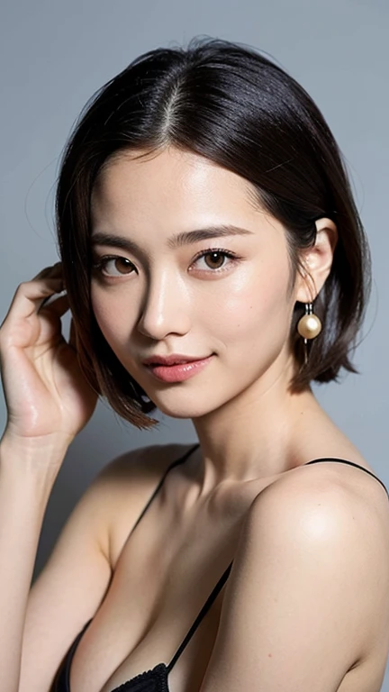 (highest quality, 8k, 32k, masterpiece, Ultra-high resolution:1.2),Beautiful Japanese Women Photos, alone, 1 girl, Glowing Skin, Glittering earrings, glamorous, charm, Expose your shoulders, Swimwear, Big Tits, Shallow depth of field, Professional Model, look forward to, Overbyte、Ahegao、blush:2.5、((Large Breasts))、Random hairstyles for short hair、Black Hair、Face close-up、Portraiture、Teeth are visible、Big Mouth、Droopy eyes、Round face、Multiple moles、Fair skin、A lively 24-year-old、Brown eyes、Big smile、((Chubby)),Pulling hair up、I can see the side、Distant eyes、Round Nose