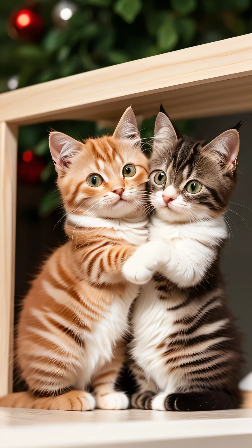 ２Two munchkin kittens hugging each other　The cat fills the screen　Cupid&#39;s bow is placed　Cats are angels　god々New Background　The place is heaven　Highest quality　Photorealistic