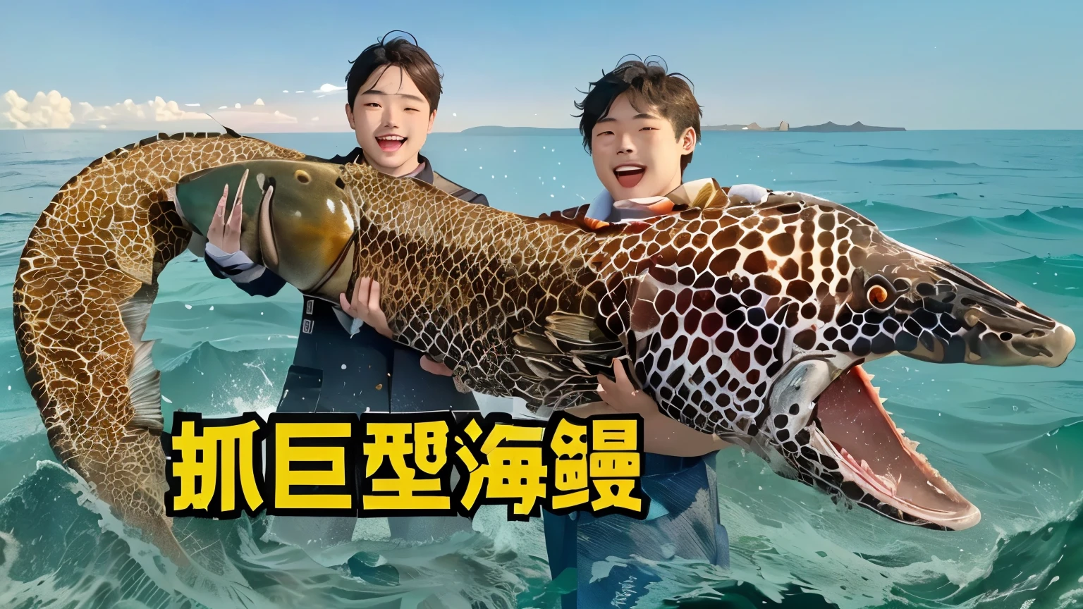 araffes holding a large fish in the ocean with a man in a snorg, Chiba Yudai, queen of the sea mu yanling, video, 🦩🪐🐞👩🏻🦳, Wang Chen, Beasts, youtube, youtube thumbnail
