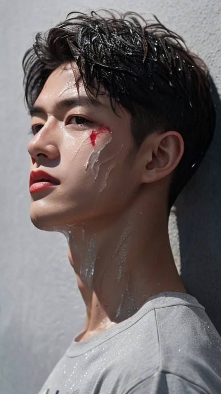 army hunk, portrait, wet body by Sweat, hair and face, advertise concept, confident, vogue magazine cover concept, shirtless, studio nature photo, grey wall, Wounded face due to a cut, with red blood in his face