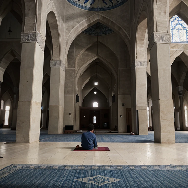 Pictures of a mosque from the inside, and there is a boy praying while the mosque is colored gray in blue