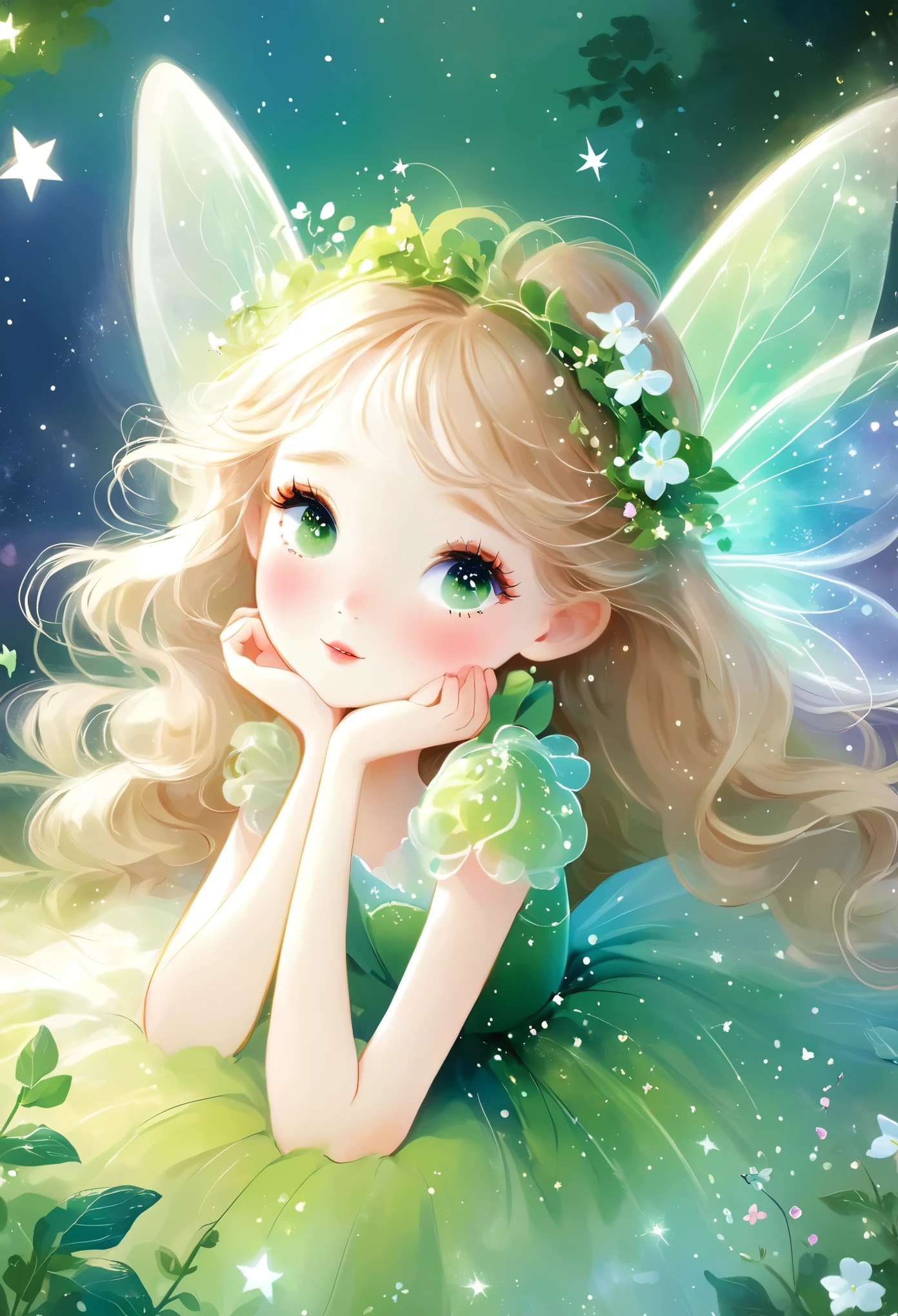 Dreamy sky, cloud, Star, cute trumpet, Light hair, Light green eyes, gossamer, Illustration of a fairy tale, A masterpiece under bright light, Amazing Art, light! The Art of Magic, Fairy tale artwork, Inspiring Art, exquisite artwork
