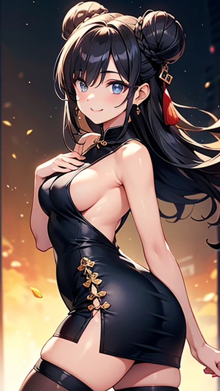 ((highest quality)), ((masterpiece)), (Very detailed), (Very high resolution), 4k, Anime 2D Rendering, Realistic,
One Girl:1.5,
BREAK Symmetrical Face:1.4, Perfect Face, Beautiful clavicle, Beautiful fingers, Beautiful breasts, (Slightly smaller chest),
Beautiful body, Beautiful thighs, Beautiful feet, Perfect round butt, (Detailed skin), Tanned dark skin:1.5, Shiny skin:1.4,
BREAK Baby Face, cute, 18-year-old,
Double eyelids, Natural eyebrows,
(Slanted Eyes), Beautiful and delicate eyes, Sparkling eyes, (Dark blue eyes),
plump mouth, Glossy mouth,
BREAK Beautiful Hair, Shiny Hair, Hair fluttering, bangs, (Black Hair), Double bun on both sides:1.5,
BREAK
((Red Chinese Dress:1.4, Tight Dress、Pencil Skirt)、(Black knee-high stockings)、(Black high heels)), Earrings、Gold Necklace、
BREAK
(Smiling and winking), (Character Focus, breast focus), Cowboy Shot, sunlight, blue sky