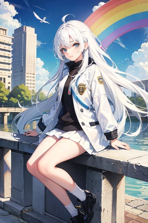 1girl,solo,cute,white hair and long hair,,after school, after the rain, blue sky,rainbow in the sky,in park