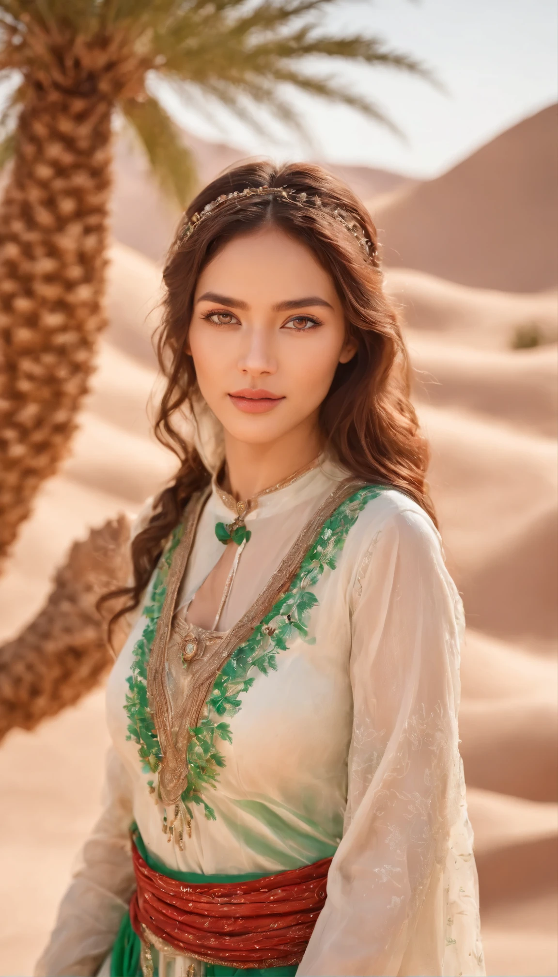 In the heart of the vast Sahara Desert、A captivating oasis of lush greenery and crystal clear water sparkling beneath the sun's high definition images appears。Beautiful waterfront views,The Berbers are known for their strength and proud spirit.、Dressed in traditional costume、Her long, reddish-brown curly hair hangs down over her shoulders.、Her clear, bright green eyes reflect her enchanting surroundings.。Photo、Caring for date palms and drawing water from the oasis、It captures their joyful expressions as they go about their daily lives and the fascinating connection between the desert and traditional clothing.。A number of costumes with attention to detail々