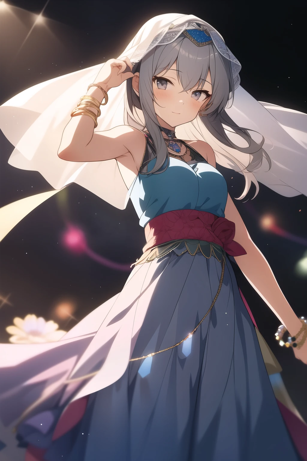 Anime older girl with long gray hair and gray eyes, wearing a flowy dress that follows her movements with bangles and bracelets on her wrist and a veil on her head, with bright decorations surrounding her
