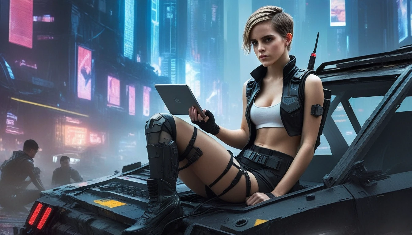 A young female hacker sitting on the hood of a wrecked APC in a cyberpunk metropolis facing the viewer, right arm resting on her waist, left arm held forward holding a transparent smart tablet, short undercut haircut, immaculate skin, scared look on her face, tears on her face, full lips, small breasts, strong legs, fullbody back and red skintight cyberpunk underarmor with intricate hexagon pattern, swat combat vest with attached wearable computer, black leather utility belt with multimeter and some probes attached, thigh high black latex boots, cutoff white gloves, no makeup, natural fingernails, emma watson, Apocalyptic Style: