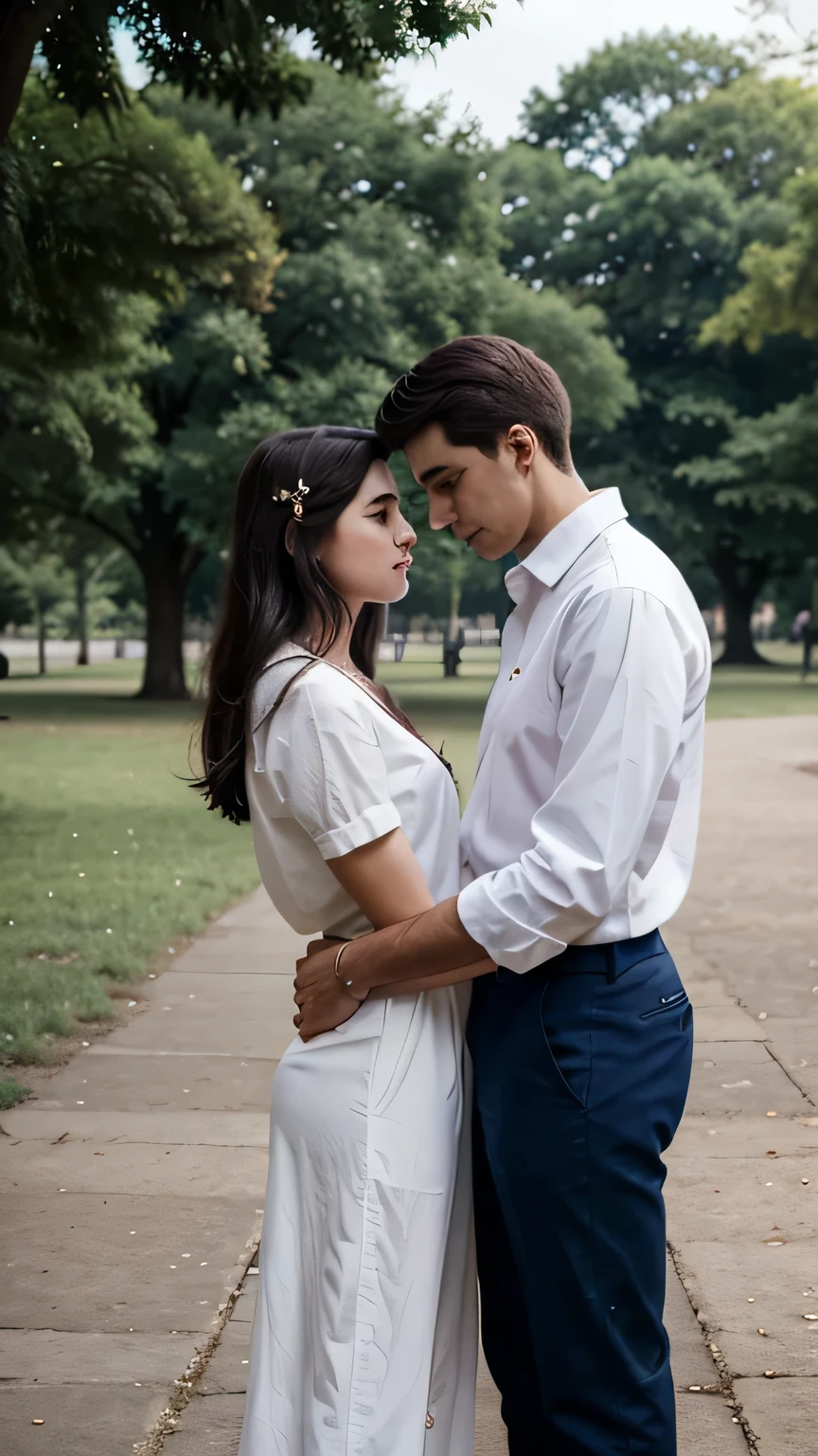 Couples of lovers posing standing, looking at each other and holding hands, they are in the park, the girl is 165 cm tall, wearing a beautiful white dress, the boy is 185 cm tall, wearing a white shirt and dark blue trousers.