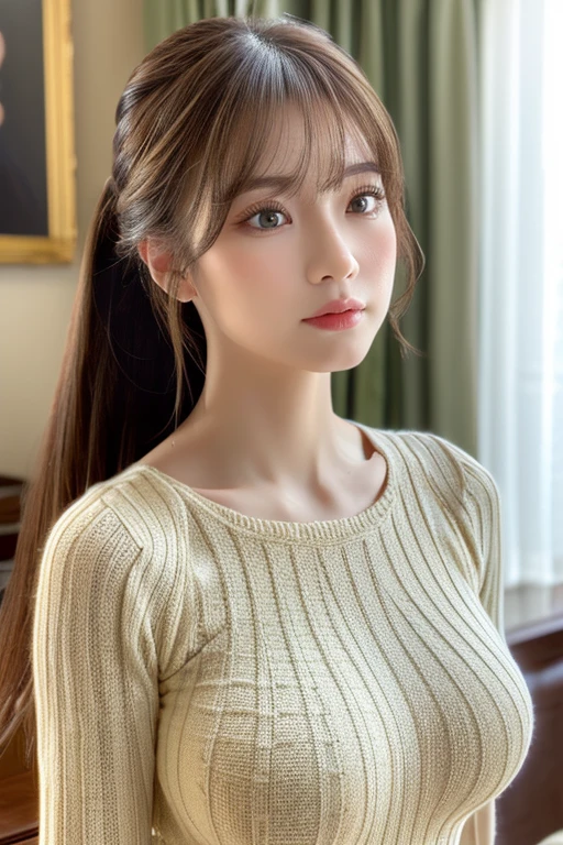 ((NSFW))、(masterpiece:1.5)、(8K)、(Photorealsitic:1.5)、Raw photography、(Top image quality:1.4)、(sharp focus:1.5)、 top-quality、masterpiece、超A high resolution、Perfect dynamic composition、
40 year old Japanese model、Colossal tits,slender、Unwind in the living room、prety woman:1.4、serious facial expression、
knitted sweater(Tight Dress)Put on the、
light brown hair、Hairstyle is ponytail、Glowing hair、
Super Detail Face、A detailed eye、double eyelid、 Natural Color Lip、Transparent skin、
Colossal tits,