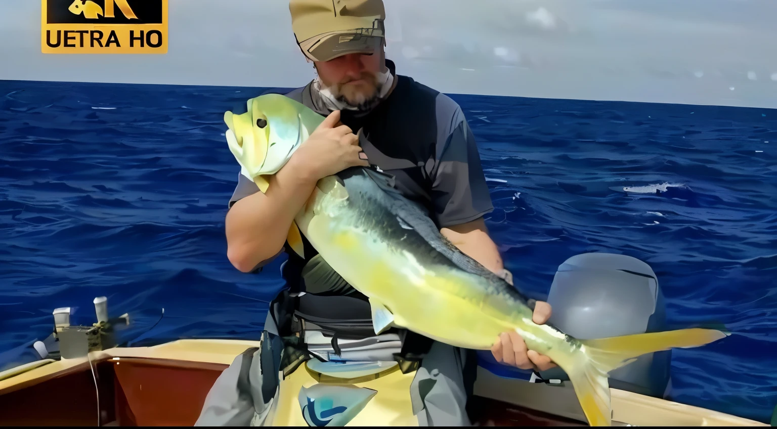 there is a man holding a fish on a boat in the ocean, courtesy of mbari, courtesy mbari, dolphins and swordfish, greg rutwoski, scott fischer, big island, 30 year old man, ross, jeff, bryan skerry, darren shaddick, holding khopesh, filleting technique, steve, espn