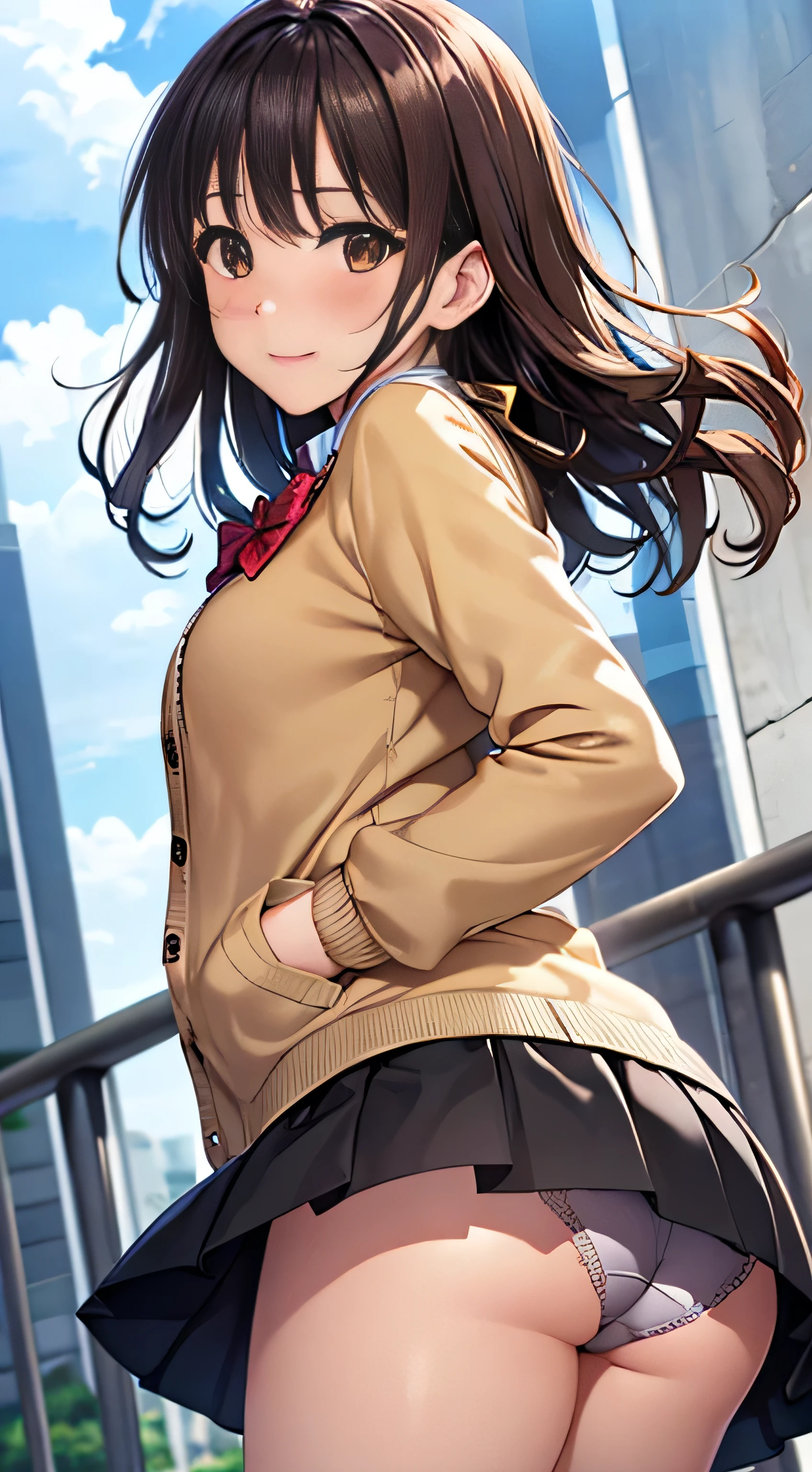 ((Tabletop, highest quality, High resolution, , Perfect Pixel, 4K,))), 1 high school girl, single, alone, Beauty、The whole body is visible、 ((Mid-wave hair, bangs, Brown Hair)), ((Brown eyes, Beautiful eyelashes, Realistic eyes)), ((Detailed face, Blushing:1.2)), ((Smooth texture:0.75, Realistic texture:0.65, Realistic:1.1, Anime CG Style)), Medium chest, Dynamic Angle, Perfect body, ((Red bow tie, , Black jacket, Open jacket, Brown cardigan, White shirt, Black Skirt, Checked skirt)), 、、Very embarrassing panic smile, looked back、Leaning forward、The wind makes all of my panties visible、Touch your buttocks with both hands、Light pink and white floral lace panties、Angle from below)、