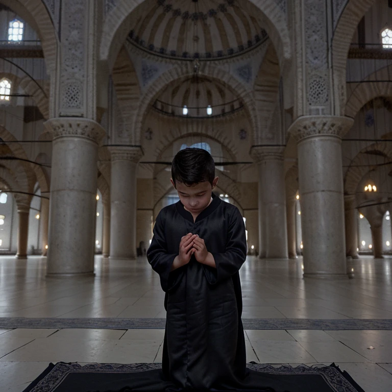 Pictures of a boy praying in a black caftan in a gray-blue mosque