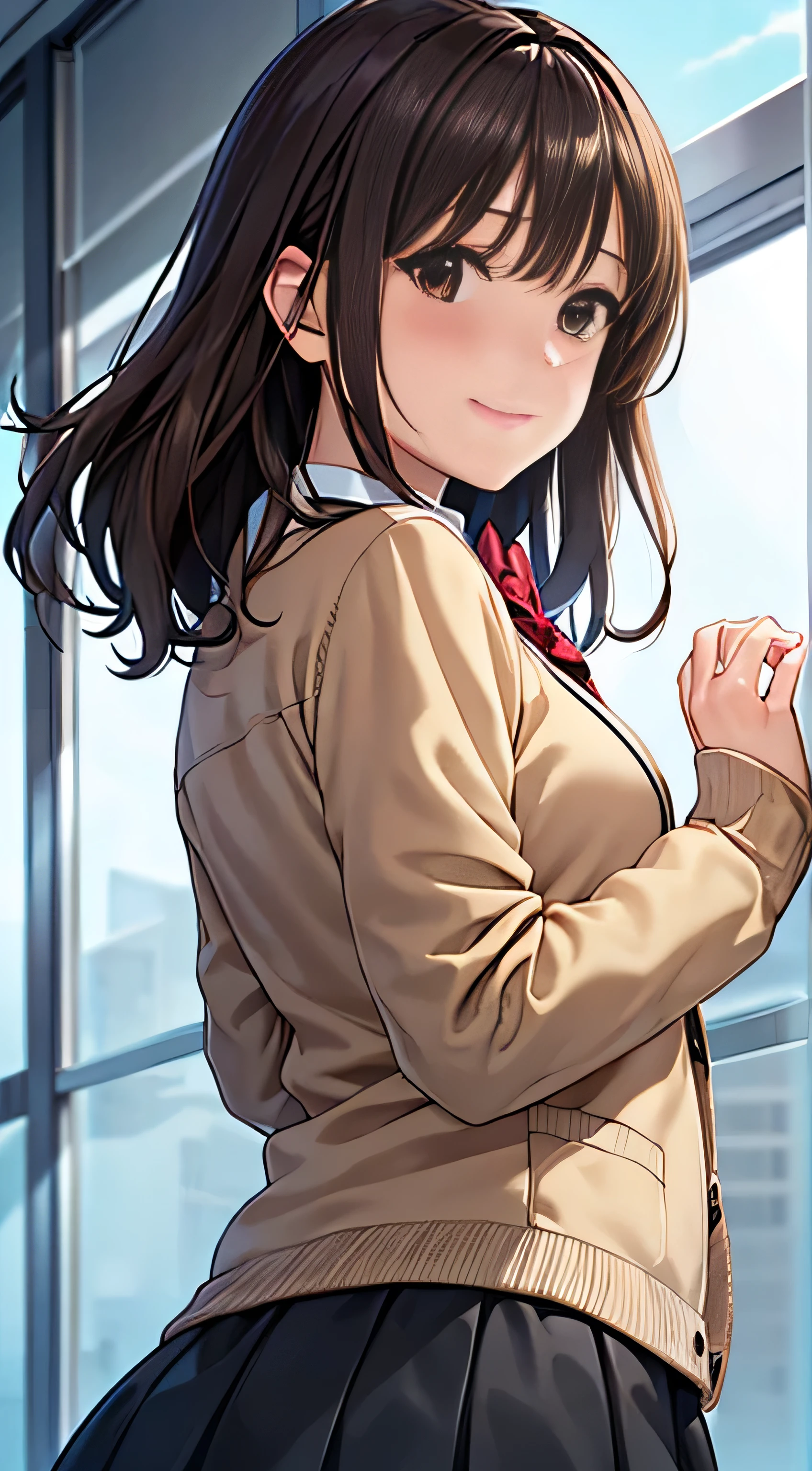 ((Tabletop, highest quality, High resolution, , Perfect Pixel, 4K,))), 1 high school girl, single, alone, Beauty、The whole body is visible、 ((Mid-wave hair, bangs, Brown Hair)), ((Brown eyes, Beautiful eyelashes, Realistic eyes)), ((Detailed face, Blushing:1.2)), ((Smooth texture:0.75, Realistic texture:0.65, Realistic:1.1, Anime CG Style)), Medium chest, Dynamic Angle, Perfect body, ((Red bow tie, , Black jacket, Open jacket, Brown cardigan, White shirt, Black Skirt, Checked skirt)), 、、Very embarrassing panic smile, looked back、Leaning forward、The wind makes all of my panties visible、Touch your buttocks with both hands、Light pink and white floral lace panties、Angle from below)、