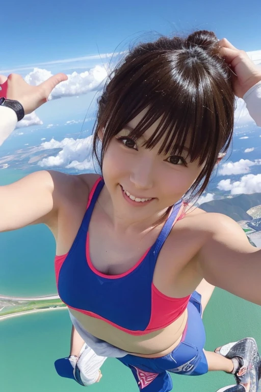 A cute, beautiful, voluptuous Japanese woman in her late 20s with a boyish hairstyle, skydiving at 4000 meters above the ground.、They are having so much fun that they are spreading their arms and legs out in excitement.、She looks great in a micro bikini