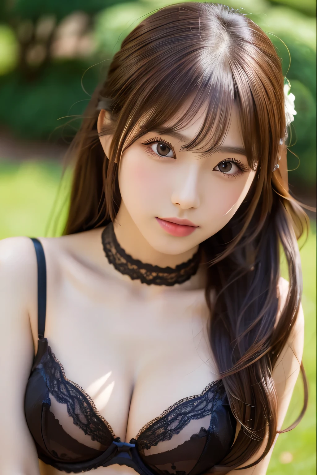 UHD, textured skin, super detail, high details, best quality, highres, 4K
、Japanese 、 Pigtail Hair、Black Hair, Inner Color, Purple Hair, Ahoge, Asymmetrical hairstyles, Bangs, Curly Hair, Frowning, Half-closed eyes, Long eyelashes, Frowning, Open your mouth a little, Cleavage:1.2, Super detailed face、Red tie、Attention to detail、double eyelid、Put your chest together、Sharp focus:1.2、Beautiful woman:1.4、Highly detailed and professionally lit smile、Shoulder out、thin、Serious expression、whole body、Red underwear、garter belt、stockings、Long legs、 Sharp focus :1.2, Beautiful woman with perfect figure :1.4, A wistful smile, Upward glance, looking at the camera, Thin Abs :1.1, ((Brown Hair, Big Breasts :1.2)), Highly detailed face and skin texture、Black choker around the neck、garter belt、Lie down on a park bench