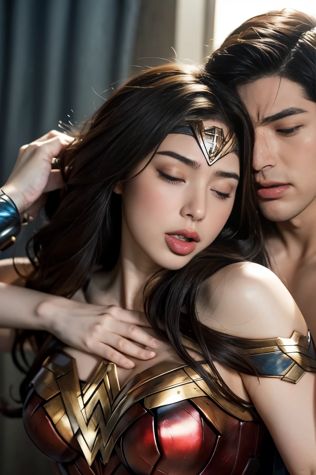 私はWonder Womanです、完璧なWonder Womanの衣装,Kneel,押しDefeated,Defeated,A man mounts me,Face grabbed、Hug from the front,Hugged,Being strangled,You can hold it，Leaning on the man，Hugged，Can be lifted，Men lick my face with their tongues,The guys lick my head with their tongues,Men lick my hair with their tongues,My body is licked by men,sleeping face,Close ~ eyes,Open your mouth,Tired face,Face of Suffering,sleeping face,Being slapped in the face,Getting punched in the face,Fighting with men,Fight with the men,Surrounded by men,,Caught between the men,Being held back by men,Entanglement with males, Attacked by men,Brown Hair,  masterpiece、beautiful girl、fine 目、puffy eyes、highest quality, 超High resolution, (reality: 1.4), Cinema Lighting,so beautiful、Beautiful Skin、(超reality的な)、(High resolution)、(8k)、(Very detailed)、(beautiful and fine 目)、(Very detailed)、 Detailed face、Diagonal bangle hair、Brown Hair、20-year-old、Wonder Womanのコスプレ，Wonder Woman