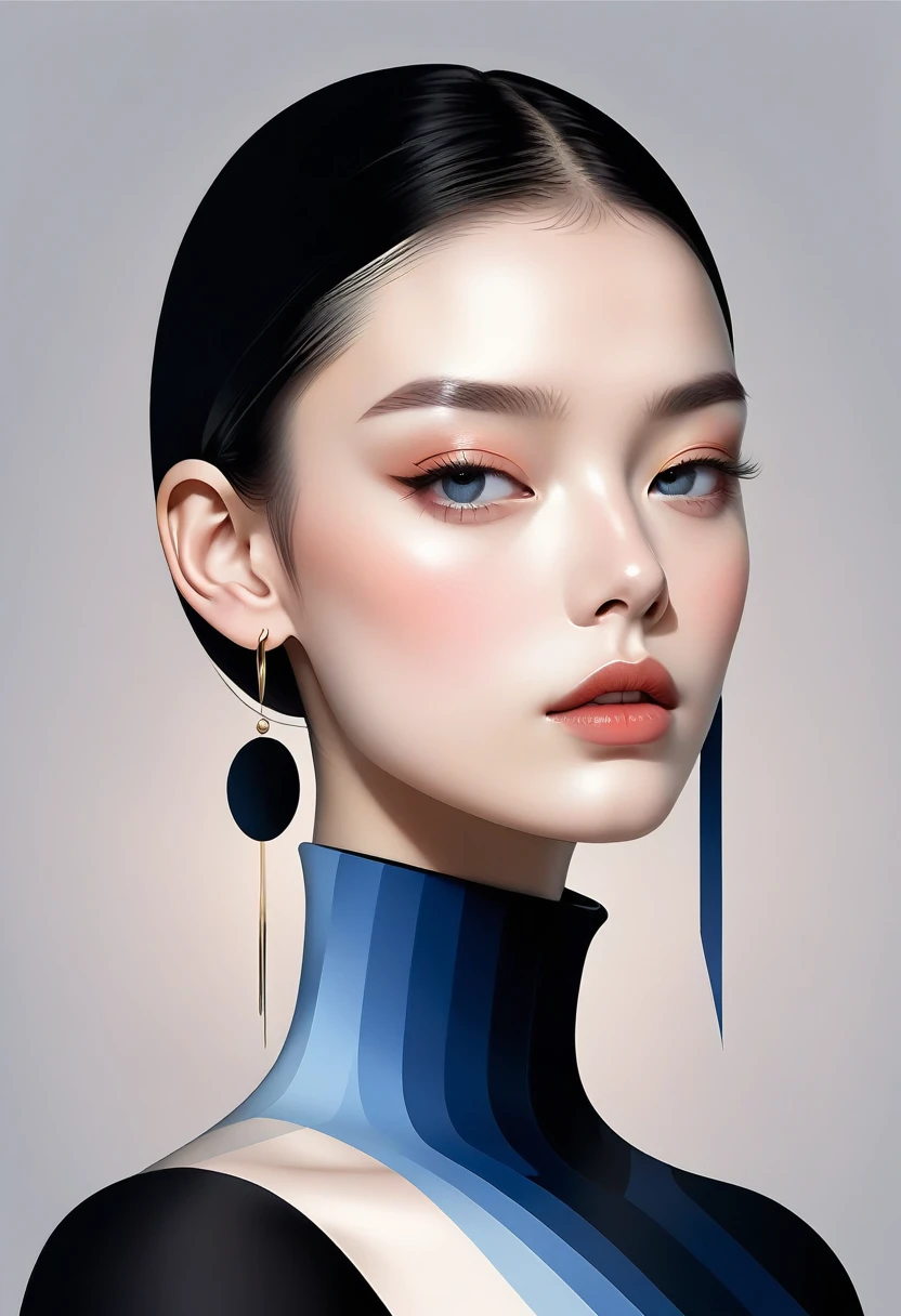 (((vector，flat form style，illustration，digital art illustration)))，1 girl，Unique，pretty face，earrings，fullbody，Shoulder，Black high neck，Geometric gradients，gradient lines，artistic conception，Abstract，Minimalism，minimalist lines，Portrait drawing，Gray and blue and white porcelain，Rhythmic lines，minimalist Journey，