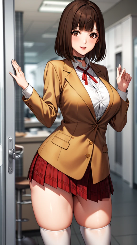 masterpiece, high quality, detailed eyes, 
1girl, kurihara chiyo, bob cut, brown hair, dark brown eyes, bangs, blunt bangs (yellow hair:1.0), (brown eyes:1.0), blunt bangs,, (mature female, milf:1.2), large breast, (voloptuous:1.2), thick thighs, tall, leggy, glistened skin, oiled skin, shiny skin, light smile, (muscular:0.7), (pubic tattoo:1.0),
solo, looking at viewer, cowboy shot,, school, hall, (contrapposto:1.2), (school uniform, brown jacket neck ribbon, collared shirt, plaid short skirt:1.2), (white thighhighs:1.1),necklace, choker, thigh strap,  cleft of venus,  cameltoe,