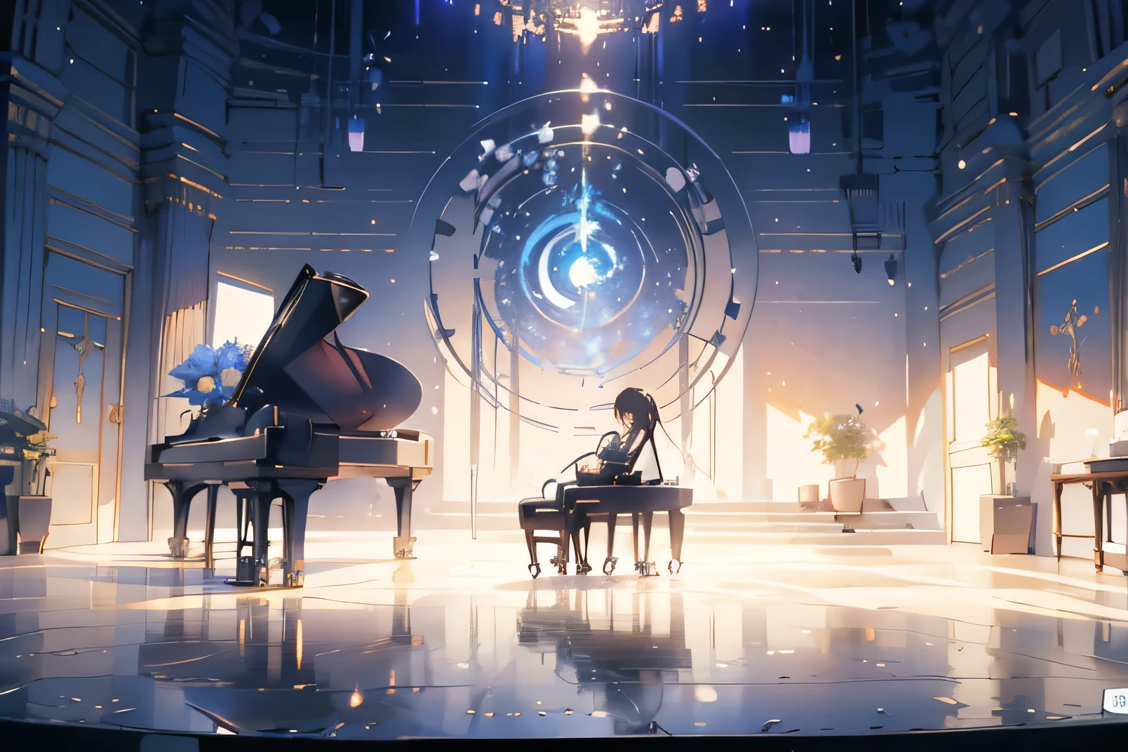 There is a black piano decorated with blue flowers., pianist, Official artwork, Gweitz on pixiv artstation, by Yuumei, Studio Greeble Makoto Shinkai, Attention to detailed Official artwork, everyone, makoto shinkai cyril rolando, Full Piano, makoto shinkai. Attention to detail, Gweitz