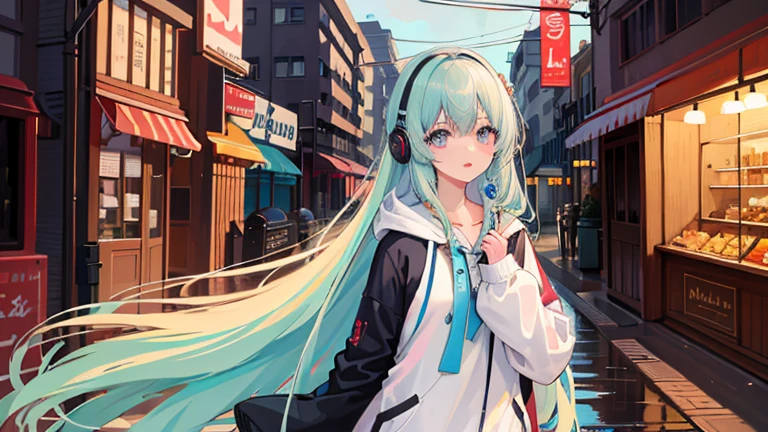 masterpiece,8k resolution、((highest quality))、((masterpiece))、((Very detailed))、1 female、alone、Unbelievably absurd、Oversized hoodie、Headphones、street、Outdoor、rain、neon、Long Hair、Light-colored eyes、Place one&#39;In one hand&#39;pocket、mini skirt, Right facing, サイバーパンクのナイトライフ地区のstreetの真ん中に立っている. sheはピンクがかった黒髪をしている、Headphonesを着用しています. Big Breasts、she&#39;Still looking up at the stars, but、sheの視線と体はフレームの右側を向いている. The scene should be vibrant., Reflecting the cyberpunk aesthetic, neonの光と未来的な建物がsheを囲んでいます. The hustle and bustle of the city continues, butsheは&#39;Peace in the midst of chaos, Immerse yourself in the sights and sounds of the night. In the image、Must capture tranquil skies and vibrant urban environments。, sheの新たな方向性を強調する.
