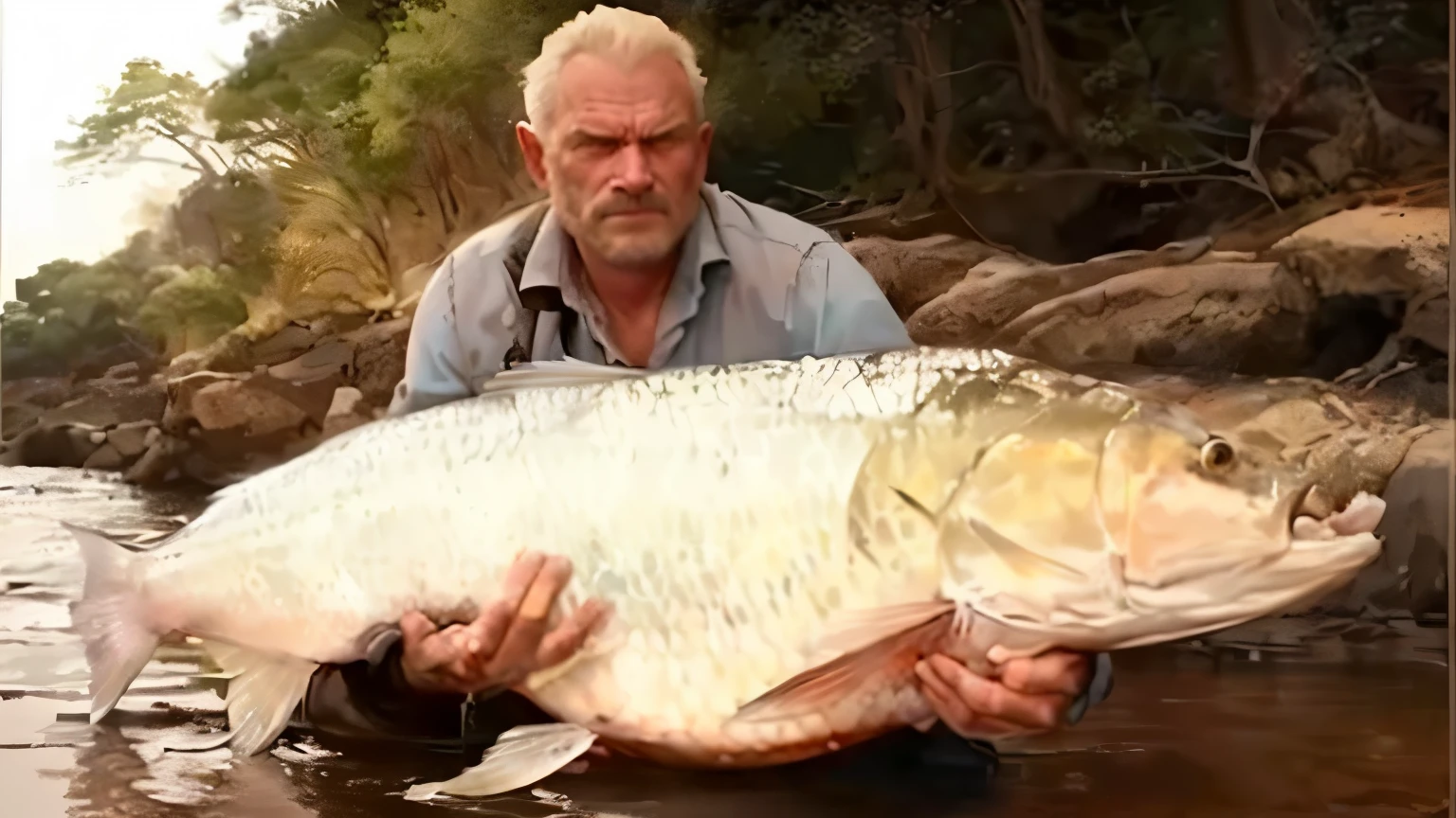 arafed fish caught in the river by a man, very large scales, very sharp!!!, megalophoba, it's very huge, huge creature, monster manula, michael kutsche, with a very large mouth, martin mottet, by Dean Ellis, powerful and huge, large)}], huge gargantuan scale, very very beautiful!, intense albino