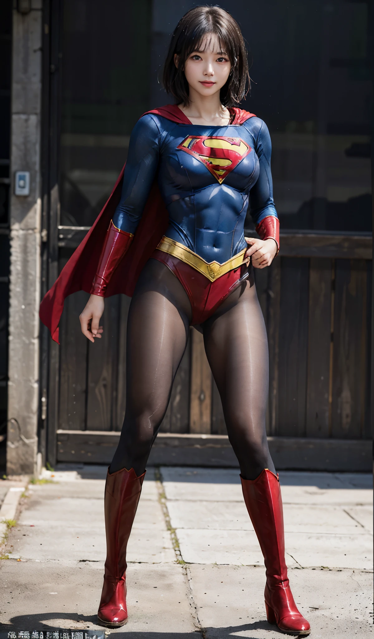 No background、(((Beautiful legs in black tights.)))、(((Legally express the beauty of your smile)))、((((Make the most of your original images)))、(((Supergirl Costume)))、(((Beautiful short bob hair)))、(((suffering)))、(((Please wear black tights....、Wear red boots)))、((Best image quality、8k))、((highest quality、8k、masterpiece:1.3))、(((Preserve background )))、Sharp focus:1.2、Beautiful woman with perfect figure:1.4、Slim Abs:1.2、Wet body:1.5、Highly detailed face and skin texture、8k