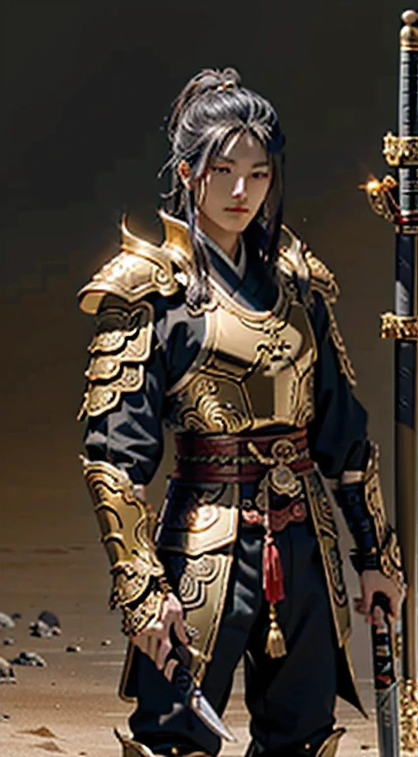Maximum image quality 8K resolution , Lü Bu was wearing gold armor,Holding a katana, The mink is dressed in short dark gold armor ,Hold a pair of golden hammers,The background is the desert,Warm color lighting ,