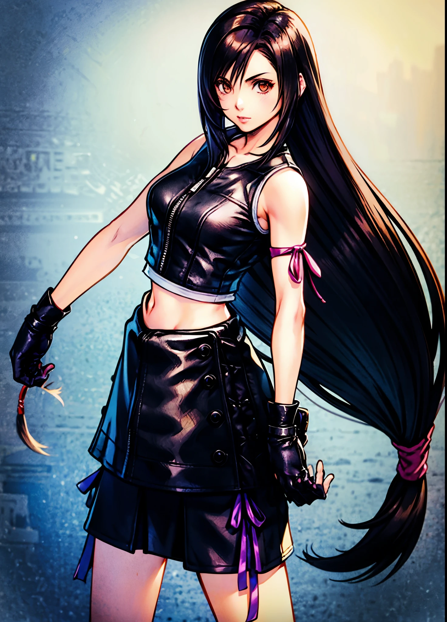 acTifa, brown eyes, long hair, black shirt, black tank top, zipper, black skirt, midriff, black shorts, black gloves, arm ribbon, black sneakers