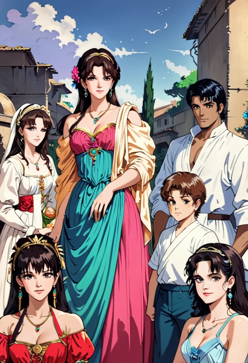 Anime look with 80s style vaporwave incredibly highly detailed very accurate ancient classical historical looking authentic accurate lifelike dignified very good looking beautiful and cute looking roman ancient important large extended roman bigger family group males females husband and his wife older also having included young kids servants in home gardens black- brown haired brown eyed darker mediterranean looking very italian full of life and colors multiethnic ancient Rome icluding some people of color feeling.Accurate Historical Classical Ancient Roman Dress style designs patterns.Bright Rich Lush Vivid Brilliant colors coloring luxuriant all included in this art also including some of the famales resembling younger SophiaLoren-Claudia Cardinale, 1080P, high quality, best quality, masterpiece, ccurate, anatomically correct, textured skin, super detail, high details, highres, HD, 4K, 4K, HD, 1080P