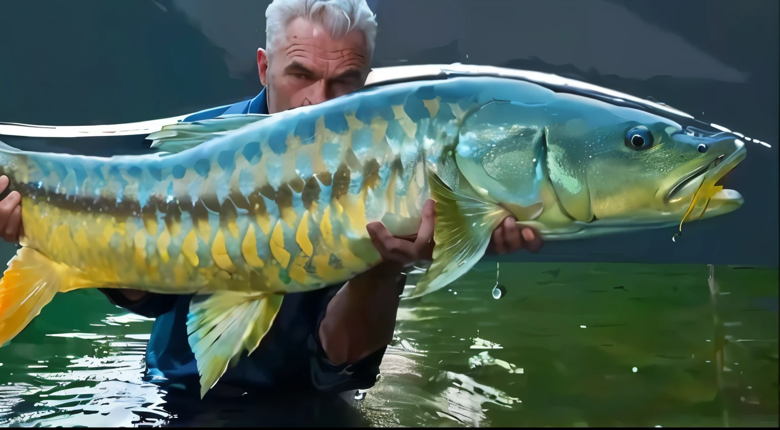 arafed fish in the water being held by a man, with a very large mouth, huge creature, very large scales, large mouth, diego koi, martin mottet, fish in the background, scaly!!!, new species, carl gustav, blue-green fish skin, large)}], jormungandr, unbelievably beautiful, giga chad