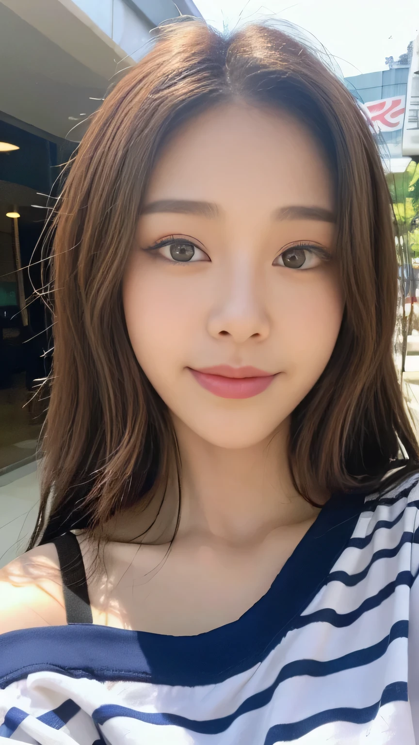 Full body angle、((highest quality, 8K, masterpiece:1.3)), concentrated:1.2, Perfect body beauty:1.4, Hips:1.2, ((Delicate Hair)), (Colorful striped off-shoulder t-shirt、 :1.1) , ((highest quality、8K、masterpiece:1.3))、1 Girl、A sloppy smile、Esbian all over、Slim face、Big 、Beautiful woman、(Dark Brown Hair)、Long Hair、1.1、Flickering Valley、Detailed eyes、double eyelid、Blurred Background、超Slim face、Looking down、Okinawa、Walking around town、