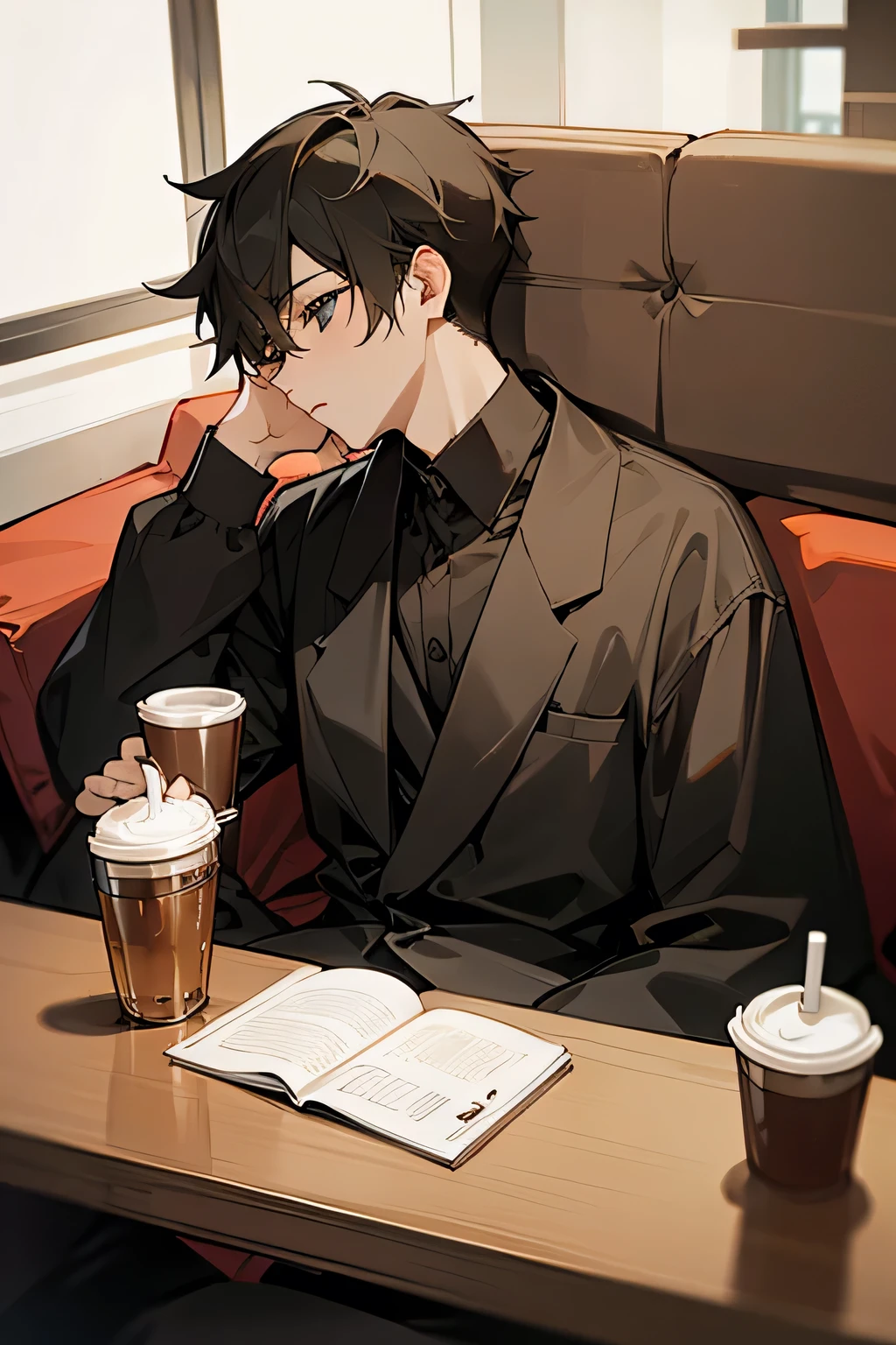 boy。Relax on the sofa and listen to music、Drink coffee。There's a black cat nearby。Books are piled up。