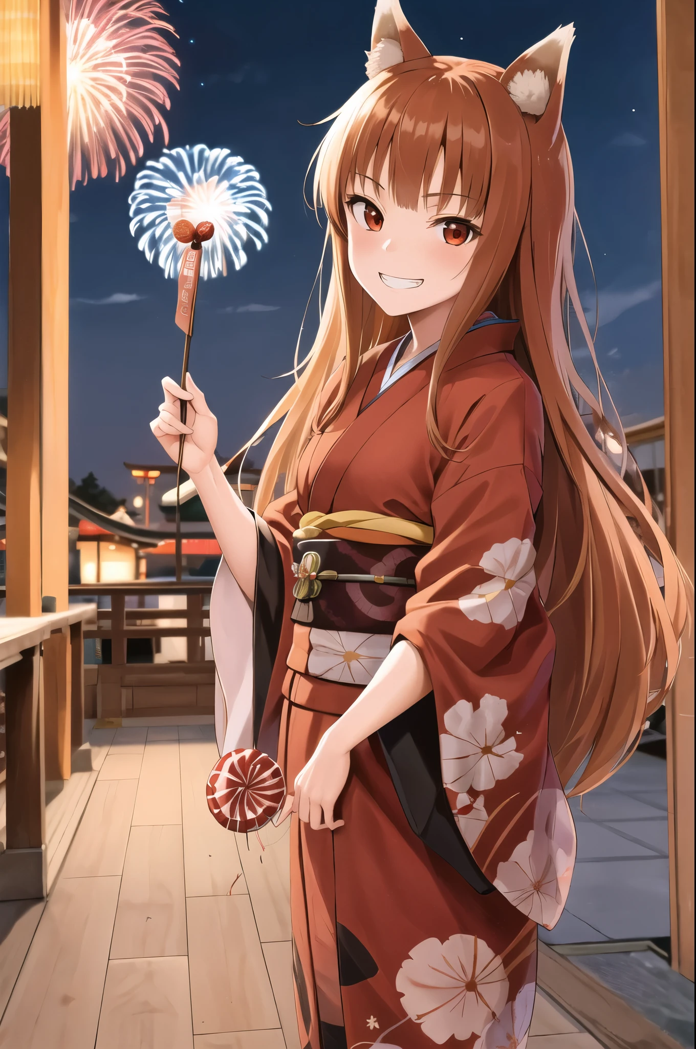 masterpiece, best quality, highres, 1girl, long hair, brown hair, animal ears, red eyes, wolf tail, necklace, (kimono), (holding candy on stick), sash, pouch, smile, grin, Tokyo's festival, night city, fireworks, standing