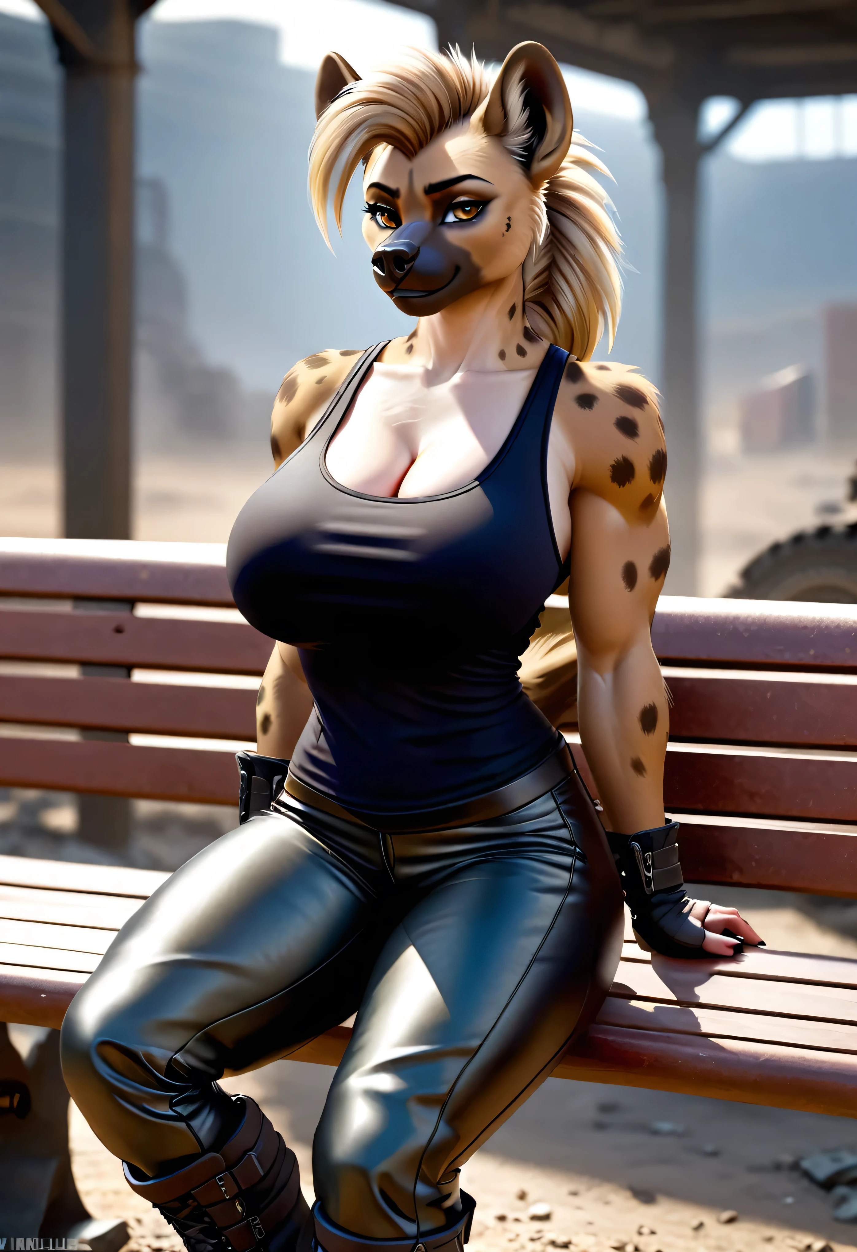 4k highly detailed realistic digital extremely high quality drawing, masterpiece, (by keeltheequine), (uploaded on e621), (a full-body portrait of an anthro hyena girl), ((relaxing on a bench in a post-apocalyptic wasteland)), ((wearing a tanktop, tight leather pants and combat boots)), (beautiful and detailed eyes:1.1), fur, seductive, sexy, voluptuous, curvy body, hourglass figure, large breasts, muscles, cinematic lighting, (f1.8 short focus bokeh)
