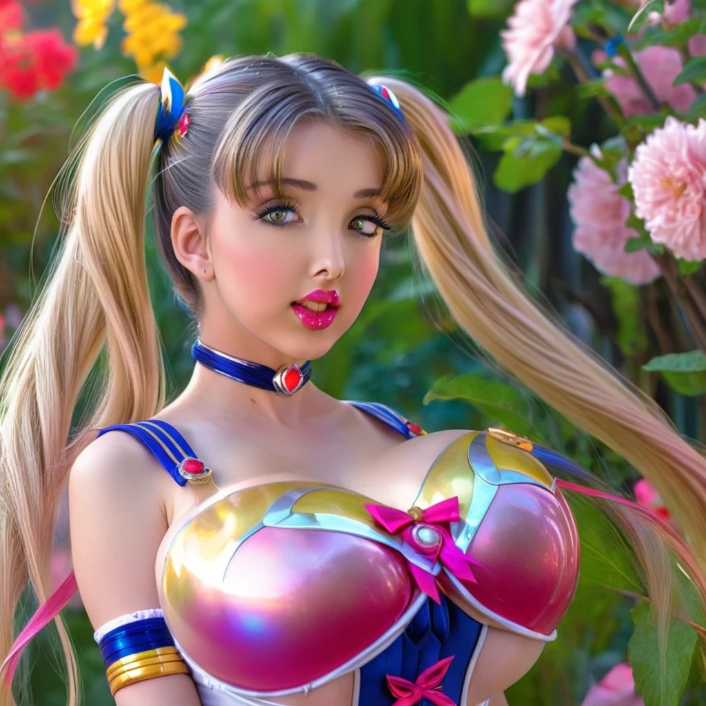 "A girl in a garden, Sailor Moon, beautiful detailed eyes, beautiful detailed lips, extremely detailed eyes and face, long eyelashes, magical aura surrounding her, energy emanating from her, wearing the Armor of Love, scandalously skimpy outfit, comically embarrassed expression, colorful magic sparks, vibrant and vivid colors, dreamlike lighting."