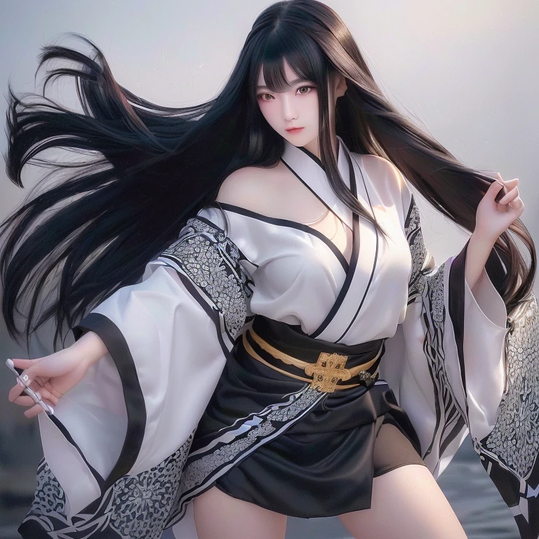 A girl with long black hair wearing a kimono is posing,  female action girl, Enchanting girl, Beautiful and attractive woman,  Beautiful character drawings, Attractive girl、8k、RAW Photos、highest quality、Real、Photorealistic、Professional Lighting、mix4、20d、Beautiful Teenage Woman、Japanese、1 female、Big beautiful eyes、Larger ???????