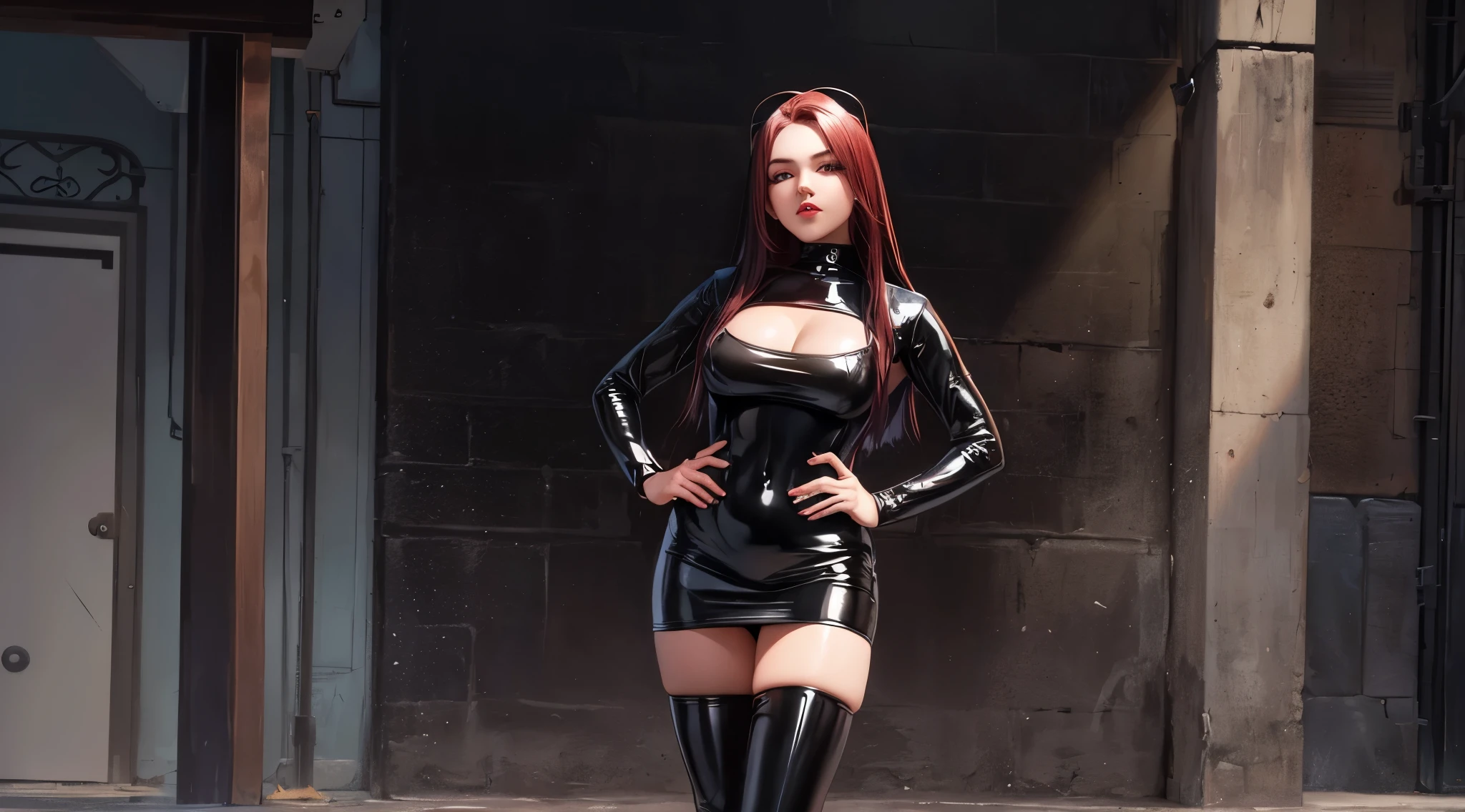 Garota jovem de 18 anos, usando gargantilha de couro preta, gargantilha de couro preto, imagem de corpo inteiro, standing, garota bonita, olhos azuis, Red lips, the girl is wearing shorts, tight latex dress, a garota tem coxas grossas, pernas longas e bonitas, sensual, usando vestido de latex preto muito curto e justo, botas de coxa de couro preto e salto alto. Mostrando as pernas
