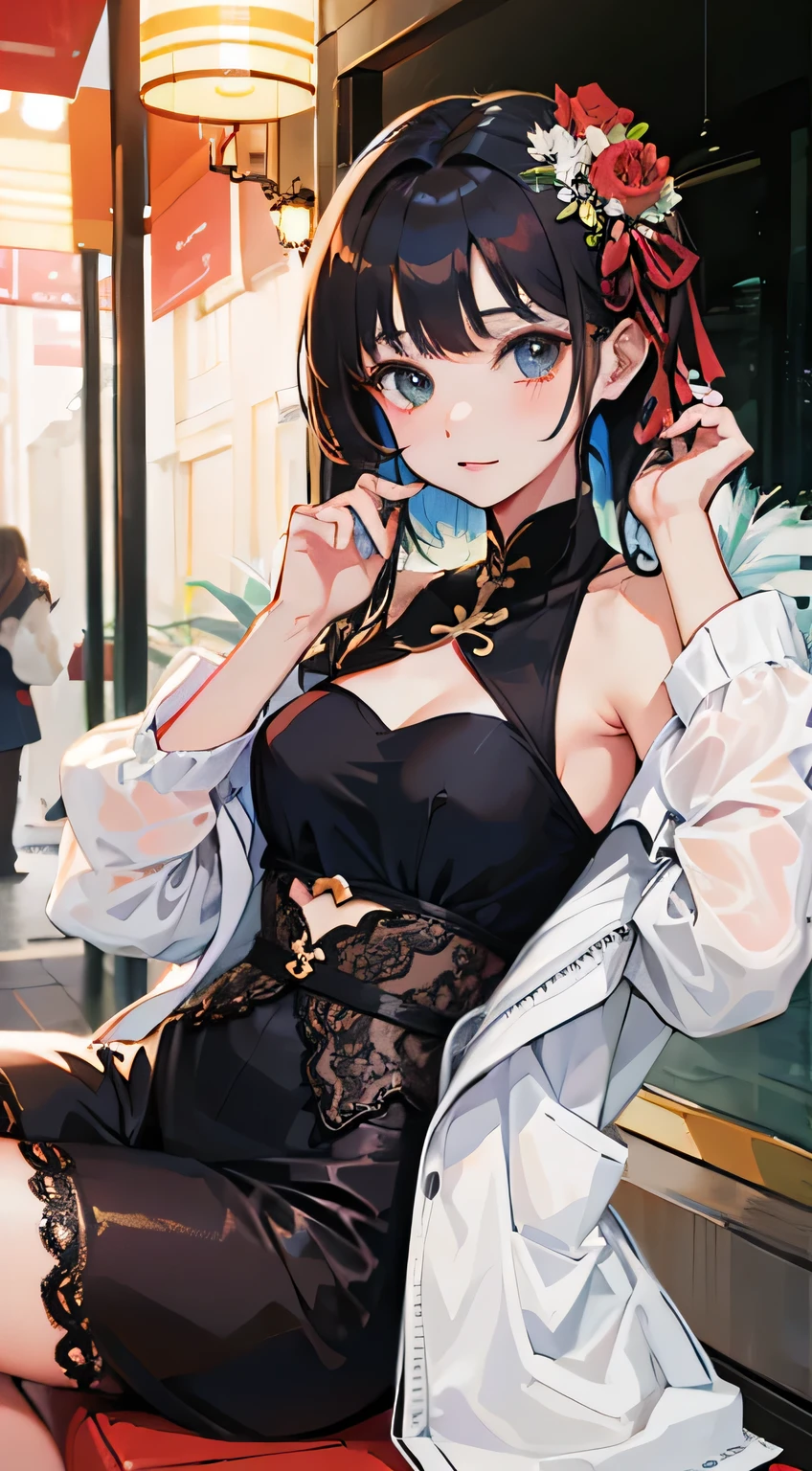 Anime girl in white dress sitting on red carpet, Shi Tao's cartoons, PIXIV, Rococo, ta in a skirt, , Attractive anime girl, top rated on PIXIV, Anime girl in maid costume, Cute anime girl in a beautiful skirt, PIXIV 3dcg, Fine details. Girls Frontline.8K HD