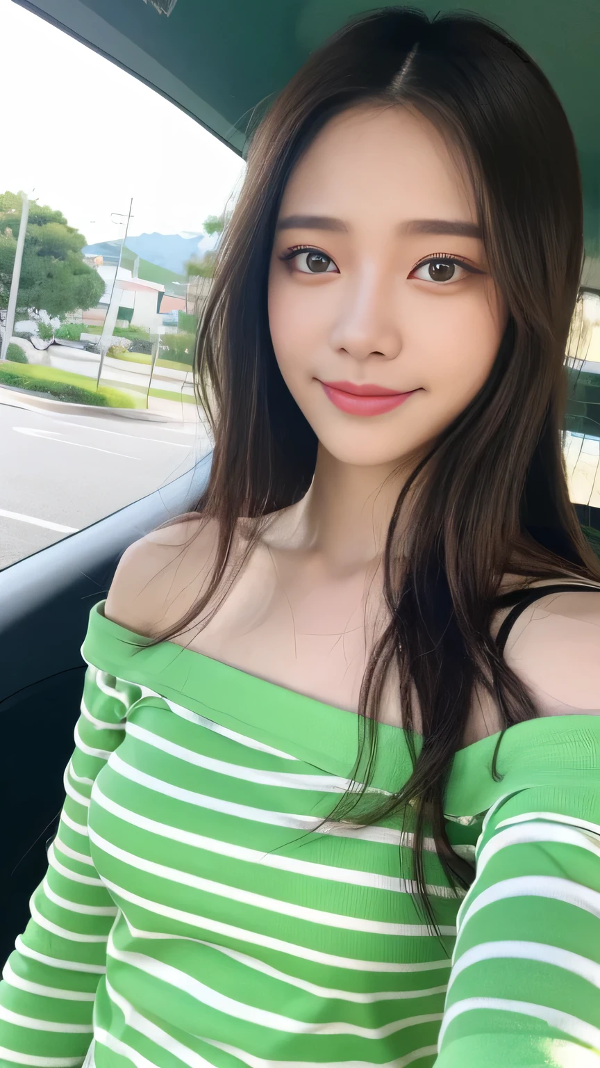 Full body angle、((highest quality, 8K, masterpiece:1.3)), concentrated:1.2, Perfect body beauty:1.4, Hips:1.2, ((Delicate Hair)), (Colorful striped off-shoulder t-shirt、 :1.1) , ((highest quality、8K、masterpiece:1.3))、1 Girl、A sloppy smile、Esbian all over、Slim face、Big 、Beautiful woman、(Dark Brown Hair)、Long Hair、1.1、Flickering Valley、Detailed eyes、double eyelid、Blurred Background、超Slim face、Looking down、Okinawa、Walking around town、