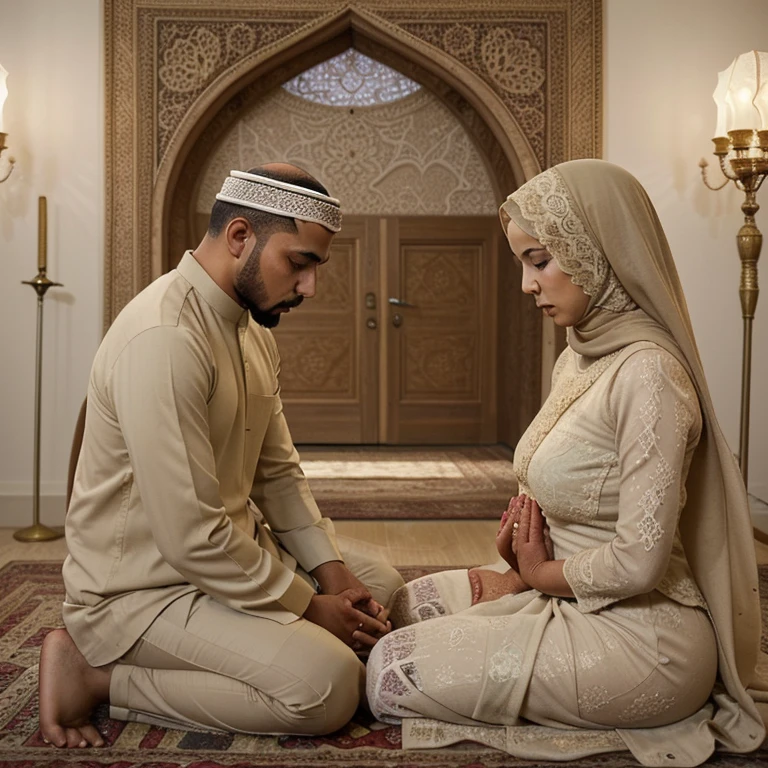 A picture of a Muslim man praying with his Muslim wife next to him, praying with a wide, beige-colored lace 