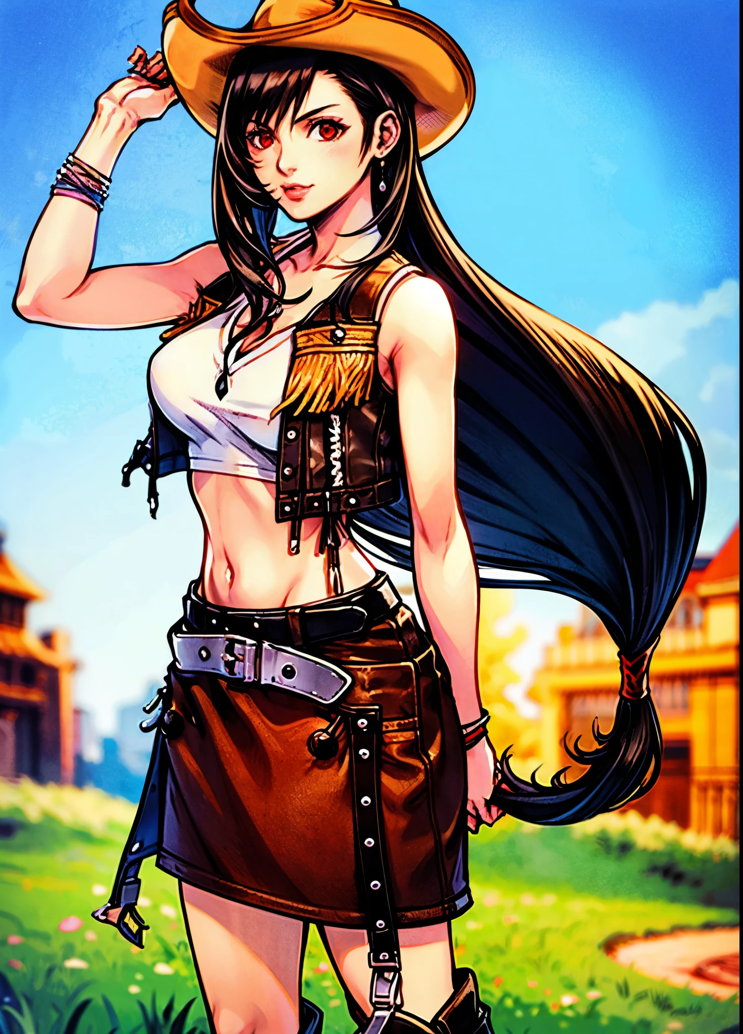 hatTifa, red eyes, long hair, cowboy hat, brown vest, white shirt, cleavage, midriff, brown skirt, belt, cowboy boots