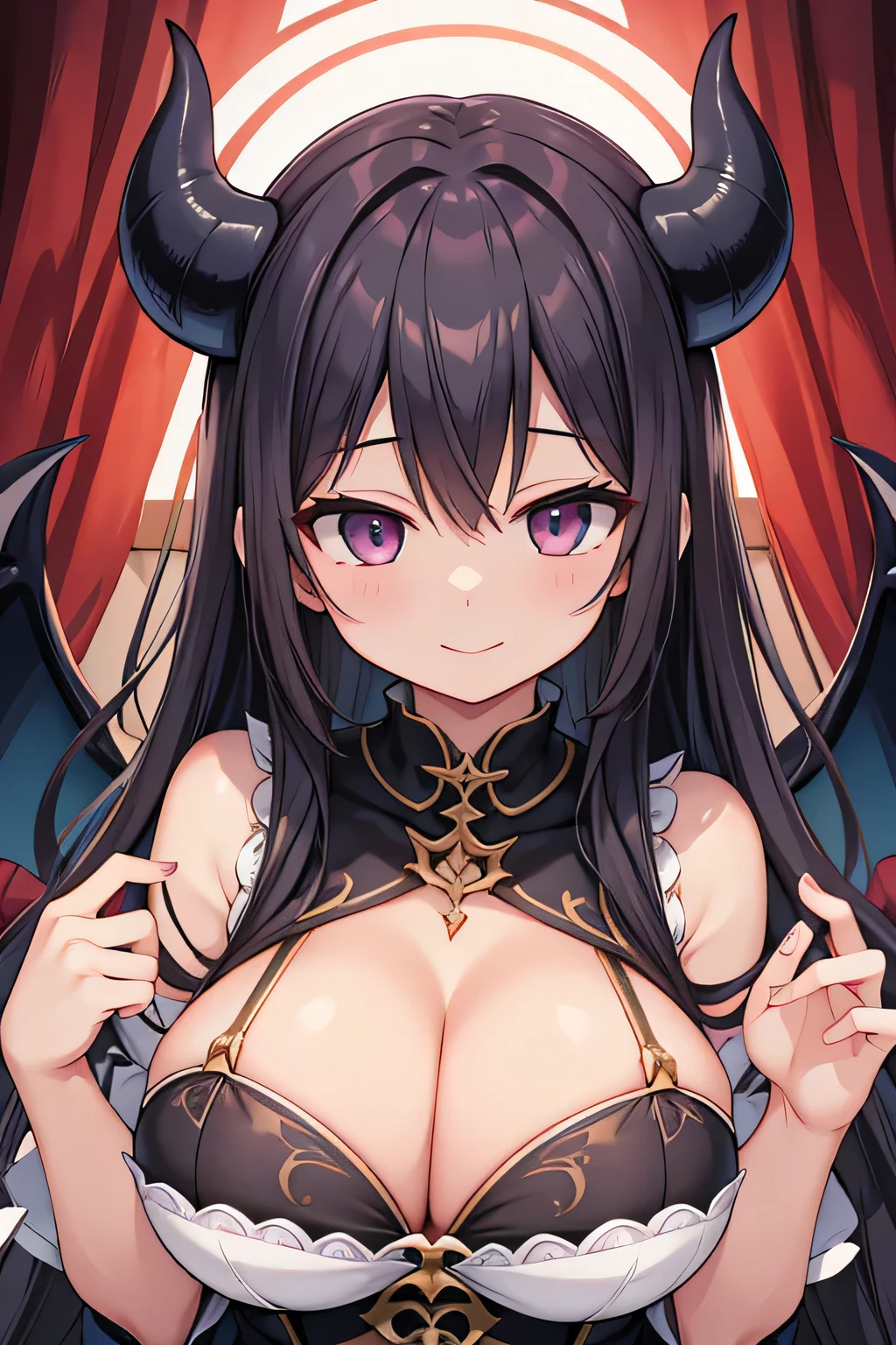 highest quality、smile、Big Breasts、Cleavage、Devil's Wings、Long Black Hair、Devil's Tail、Standing in Hell